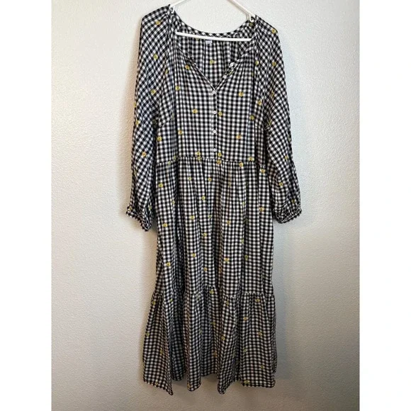Old Navy Gingham Floral Embroidered Tiered Midi Dress Black White Yellow size XL - Picture 4 of 10